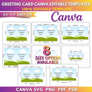 May include: A collection of eight greeting card Canva editable templates on an 8.5 inch by 11 inch sheet size. Each template features a landscape illustration with clouds and green hills, marked with fold lines and specific inch dimensions for sizing.