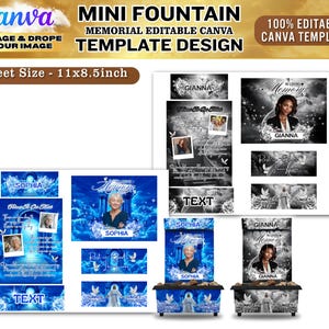 May include: A Canva template design for a mini fountain memorial. The design includes editable elements, with options in blue and grayscale. The sheet size is 11x8.5 inches. The design includes the text "SOPHIA", "GIANNA", and "TEXT".