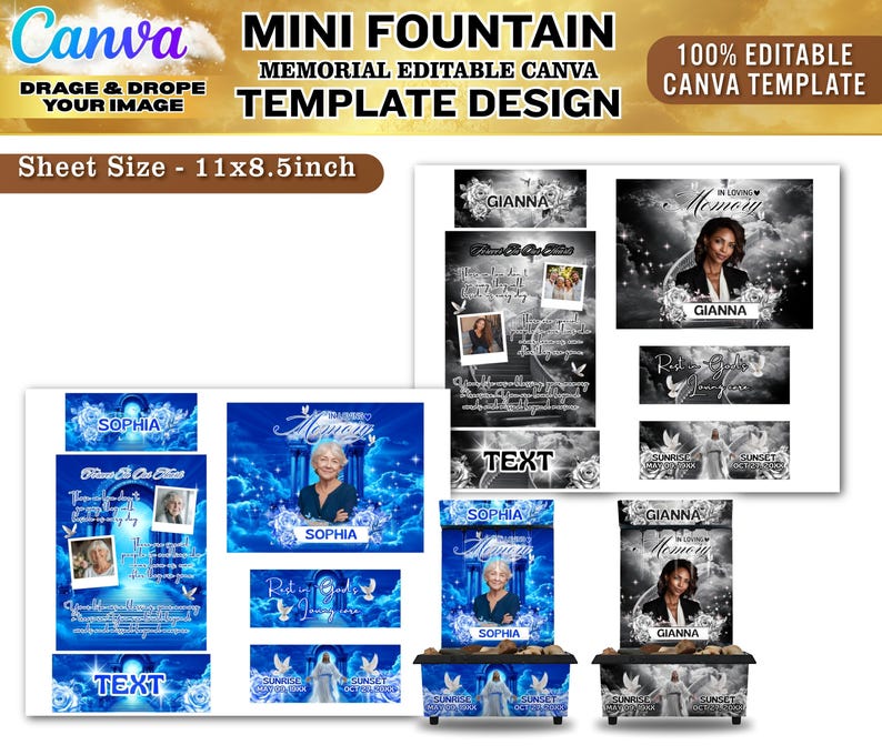May include: A Canva template design for a mini fountain memorial. The design includes editable elements, with options in blue and grayscale. The sheet size is 11x8.5 inches. The design includes the text "SOPHIA", "GIANNA", and "TEXT".