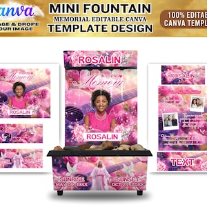 May include: A memorial fountain template design with the text "MINI FOUNTAIN MEMORIAL EDITABLE CANVA TEMPLATE DESIGN". The design features a pink and purple color scheme with floral and guitar imagery. The text "ROSALIN" is prominently displayed.