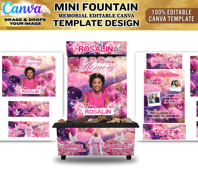 May include: A memorial fountain template design with the text "MINI FOUNTAIN MEMORIAL EDITABLE CANVA TEMPLATE DESIGN". The design features a pink and purple color scheme with floral and guitar imagery. The text "ROSALIN" is prominently displayed.