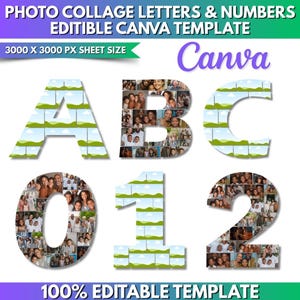 May include: A digital Canva template featuring photo collage letters and numbers. The letters A, B, and C, and numbers 0, 1, and 2 are displayed. The letters and numbers are filled with landscape images. The template includes the text "PHOTO COLLAGE LETTERS & NUMBERS EDITABLE CANVA TEMPLATE".