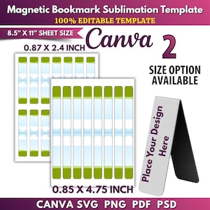 May include: A template for magnetic bookmarks, featuring two sheets of bookmark designs and a sample bookmark. The sheets display rectangular designs with green and blue accents. The text includes "Magnetic Bookmark Sublimation Template" and "Place Your Design Here". The bookmark dimensions are 0.87 x 2.4 inches and 0.85 x 4.75 inches.