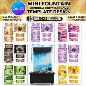 May include: A black mini fountain with a blue and white water feature. The image displays a Canva template design for memorial use, including 12 designs. Text includes "Mini Fountain" and "Memorial Editable Canva Template Design."