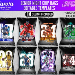 Puede incluir: Una colección de plantillas de bolsas de patatas fritas negras con diseños deportivos. Cada bolsa presenta una imagen de jugador, el nombre del equipo y el texto "SENIOR NIGHT". El tamaño de la plantilla es de 27,9 x 21,6 cm. La plantilla de Canva es 100% editable.