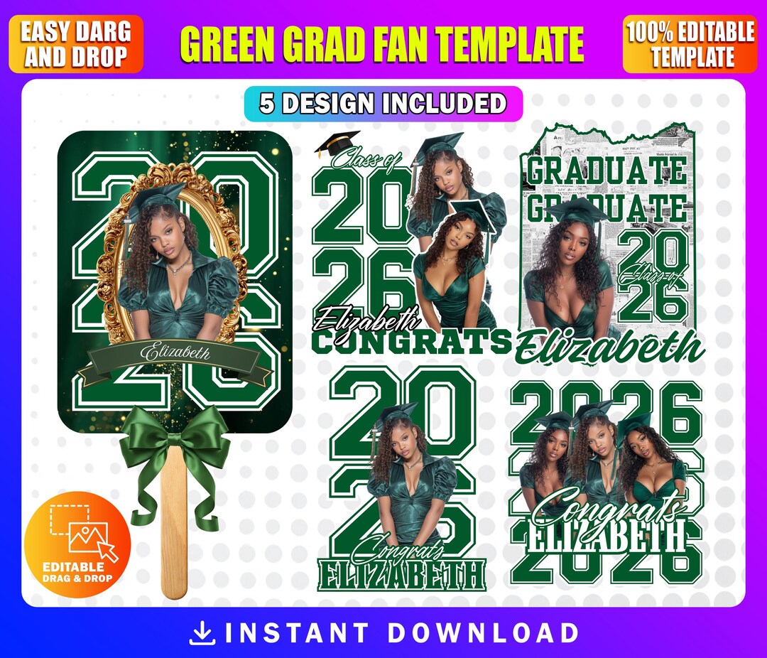 5x Green Grad Fan Templates | Graduation Fans Canva Template Set of 5 ...