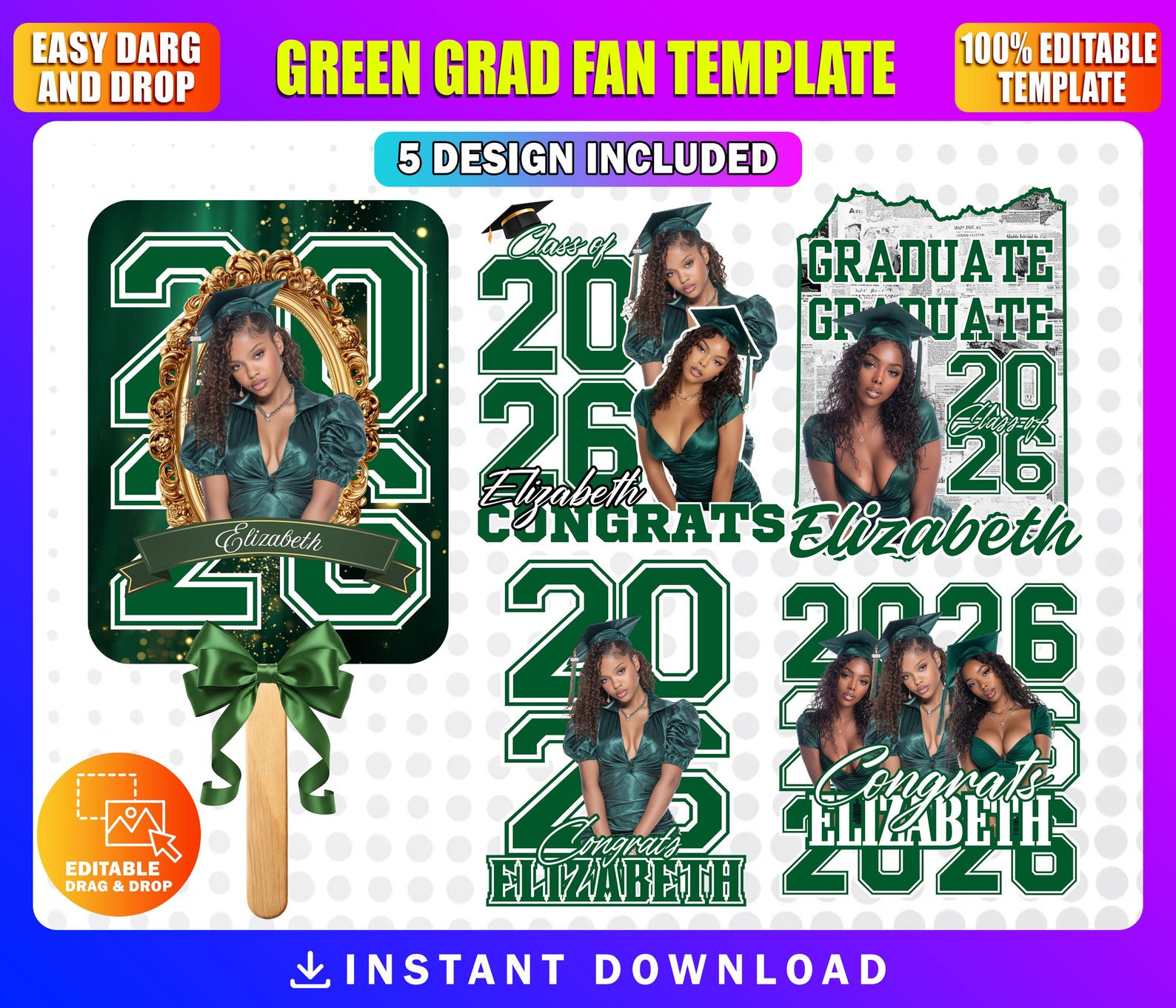 5x Green Grad Fan Templates | Graduation Fans Canva Template Set of 5 ...