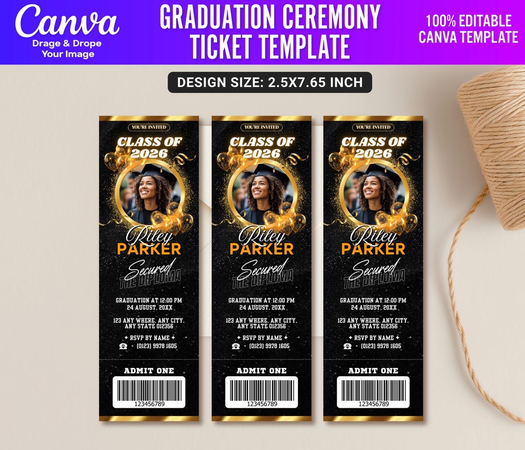 Professional Grad Tickets Editable Graduation Ceremony Ticket | Senior Class of 2026 Invitation ...