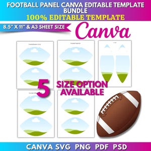 May include: A digital template bundle for football panels featuring editable designs in 8.5 inch by 11 inch and A3 sizes. The graphic includes five layout options for football shapes with green field and sky graphics, plus a brown football illustration.