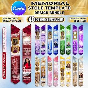 May include: A design bundle for memorial stoles. The image shows 40 designs with customizable templates. Each stole design features a photo, name, and dates. The stoles are in various colors, including red, purple, blue, green, and yellow. The design size is 5.16x36 inches.