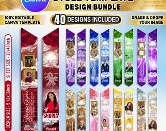 40x Memorial Stole Canva Editable Templates | In Loving Memory Graduation Sash Designs | Custom Celebration of Life Stole RIP Bundle