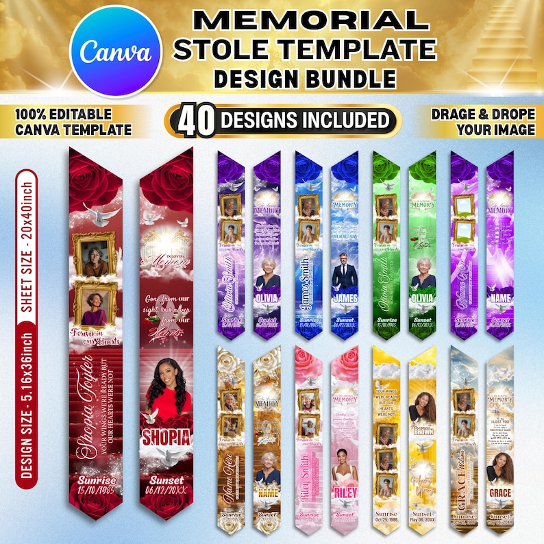 May include: A design bundle for memorial stoles. The image shows 40 designs with customizable templates. Each stole design features a photo, name, and dates. The stoles are in various colors, including red, purple, blue, green, and yellow. The design size is 5.16x36 inches.