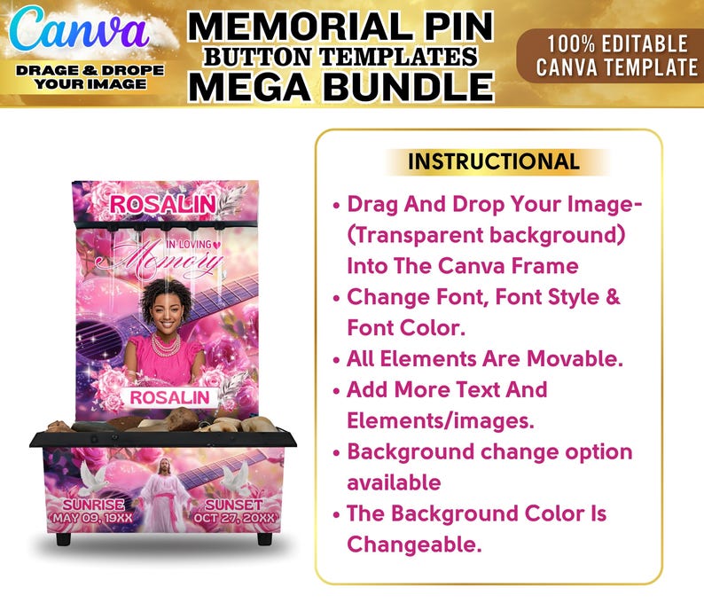 May include: A Canva template bundle for memorial pin buttons. The design features a pink and purple floral theme with the text "ROSALIN" and "IN LOVING Memory". Instructions are included to drag and drop images, change fonts, and customize the background.