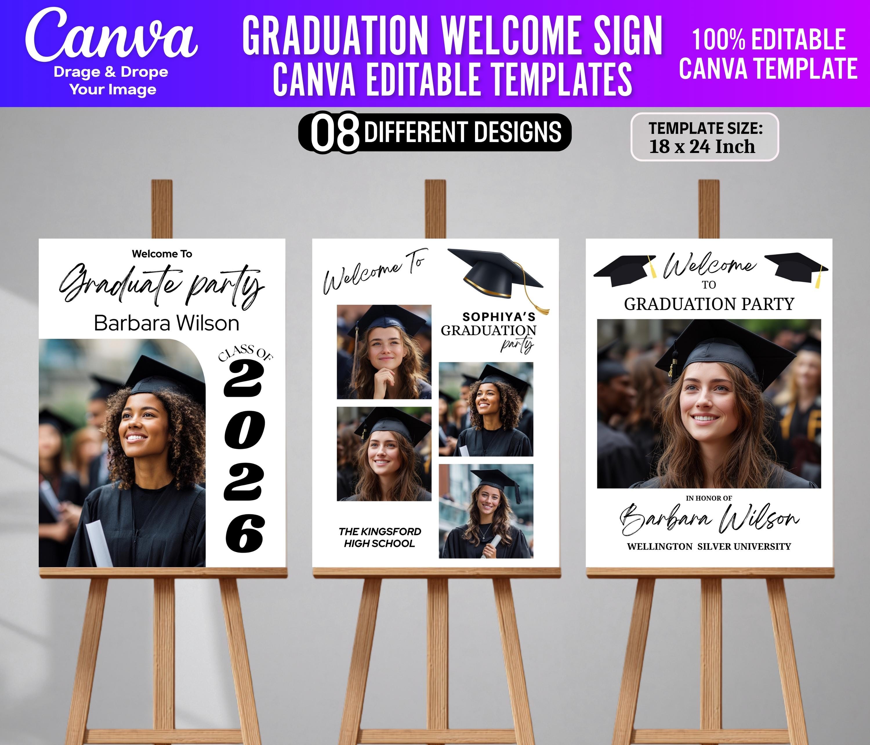 8x Graduation Welcome Sign Canva Editable Templates | 2026 Grad Party ...