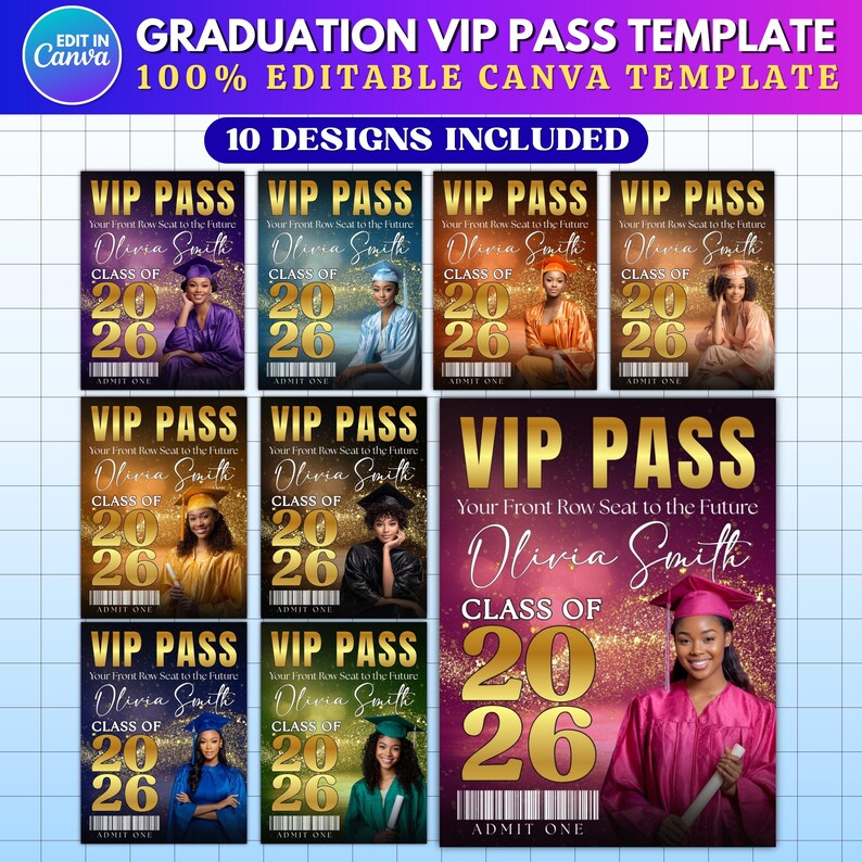 10x Graduation VIP Pass Template Bundle | Editable Printable Class ...