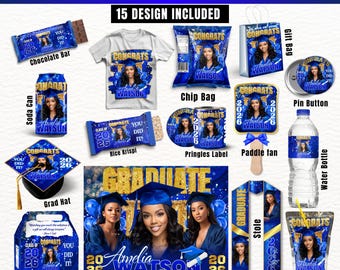 15x Graduation Party Favor Templates | Blue Varsity Grad Theme | Editable Chip Bag & Juice Pouch Candy Wrappers | Graduation Gift Favor Set