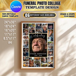 May include: A framed funeral photo collage template design. The design includes a central portrait surrounded by smaller photos. Text includes "Celebrating the Life of Ethan Harrison 1935-2026". The template is available in six sizes, including 24"x36" and 18"x24".