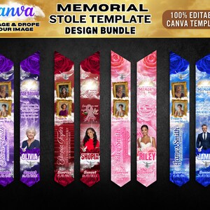 May include: A digital design bundle featuring four pairs of customizable memorial stoles in purple, red, pink, and blue color schemes. Each stole displays floral patterns, gold-framed photo placeholders, white doves, and text fields for names, dates, and memorial quotes.