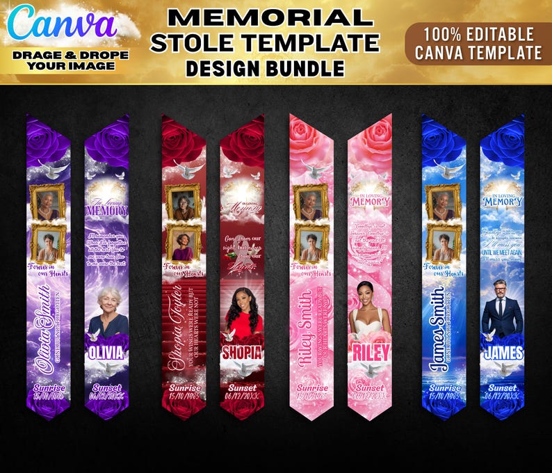 May include: A digital design bundle featuring four pairs of customizable memorial stoles in purple, red, pink, and blue color schemes. Each stole displays floral patterns, gold-framed photo placeholders, white doves, and text fields for names, dates, and memorial quotes.