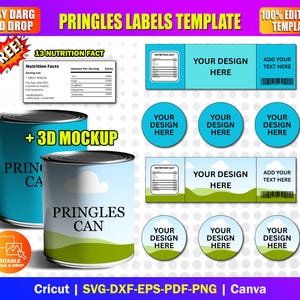 Puede incluir: Plantilla de etiquetas Pringles con una maqueta 3D, con diseños y áreas de texto editables. Incluye diseños de etiquetas con información nutricional, campos de texto y diseños circulares. Compatible con Cricut y otros programas de diseño.