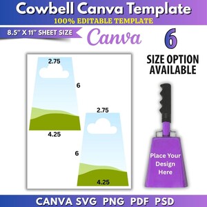 May include: A digital Cowbell Canva Template featuring 21.59 cm by 27.94 cm sheet size specifications. The graphic displays two trapezoidal templates with dimensions of 6.99 cm, 10.8 cm, and 15.24 cm, alongside a purple cowbell with a black handle.