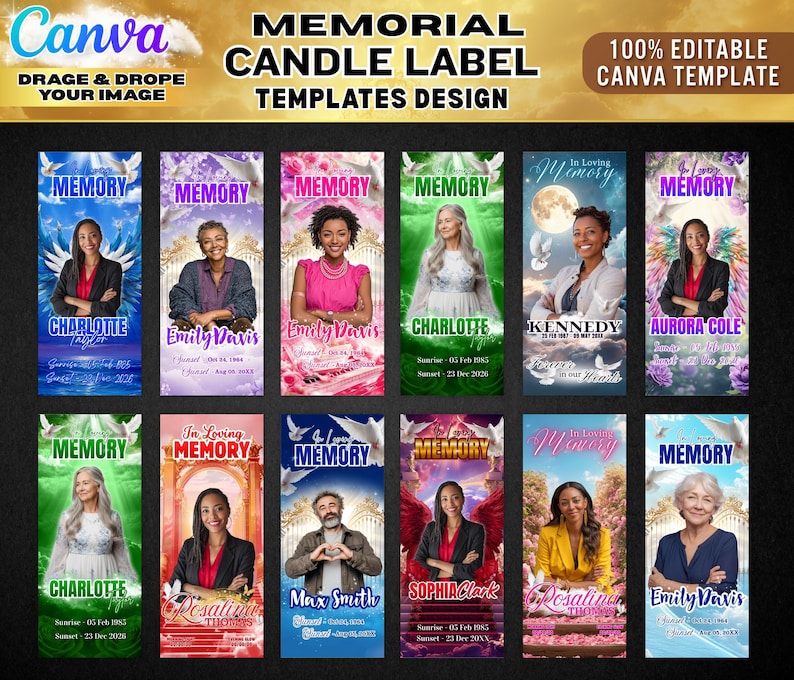 May include: A collection of memorial candle label templates with various designs. Each label features a photo, name, and dates, set against colorful backgrounds. The labels are designed for Canva and are 100% editable.