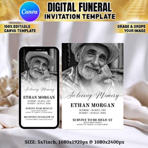 Puede incluir: Plantilla digital de invitación fúnebre con un retrato en blanco y negro de un hombre con sombrero de paja. El diseño incluye el texto "In loving Memory" y detalles para un servicio conmemorativo, con el logotipo de Canva.