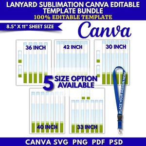 Pode incluir: Um pacote de modelos digitais para sublimação de cordões com cinco opções de tamanho: 30, 33, 36, 40 e 42 polegadas. O layout de 8,5 por 11 polegadas inclui um exemplo de cordão azul com o texto PLACE YOUR DESIGN HERE.