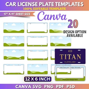 May include: A collection of car license plate templates featuring 20 design options. The digital templates include landscape graphics with clouds and hills, and a dark purple plate labeled #23 TITAN CLEVELAND. Sheet size is 17x11 inches, plates are 12x6 inches.