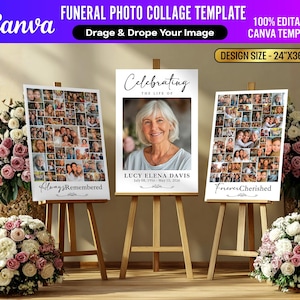 Pu&ograve; includere: Un modello di collage fotografico funebre con il logo Canva. Le dimensioni del design sono 61 cm x 91 cm. Il modello include tre display: un ritratto centrale e due collage con le frasi "Always Remembered" e "Forever Cherished".