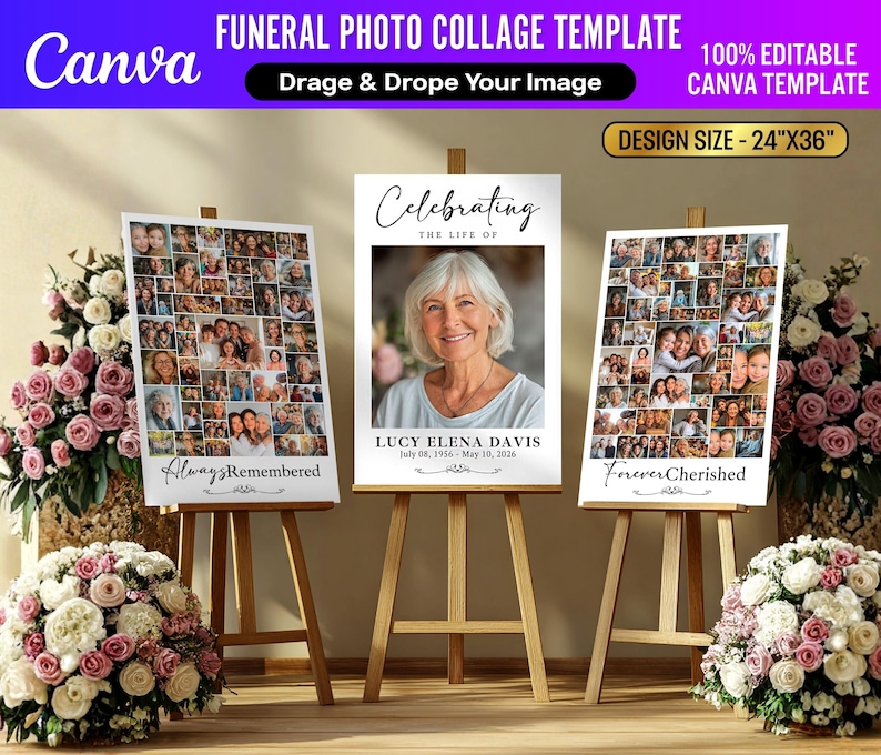 Pu&ograve; includere: Un modello di collage fotografico funebre con il logo Canva. Le dimensioni del design sono 61 cm x 91 cm. Il modello include tre display: un ritratto centrale e due collage con le frasi "Always Remembered" e "Forever Cherished".