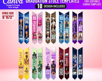 10x Graduation Stole Templates for Canva | Sublimation Stole Bundle | Drag And Drop Canva | Graduation Sash 72" | Personalized Senior Stole