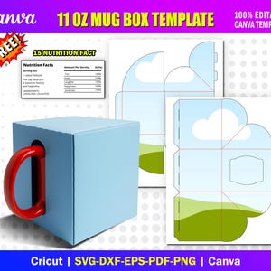 Könnte beinhalten: Eine hellblaue Tassenbox-Vorlage mit rotem Griff, entworfen für eine 312g-Tasse. Das Bild enthält eine "FREE!"-Grafik, eine Nährwerttabelle und eine Boxvorlage mit Himmel- und Grasdesign. Der Text enthält "Canva" und "100% Editable Canva Template."