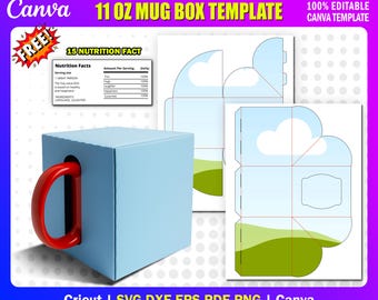 11 Unzen Becher Box Vorlage SVG | Bearbeitbar Canva Geschenkbox Verpackung | DIY Tassenhalter Dateien per ziehen & ablegen