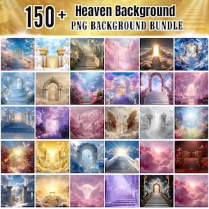 May include: A collection of 150+ PNG background images with a heavenly theme. The images feature stairways, arches, clouds, and light, with text at the top that reads "150+ Heaven Background PNG Background Bundle."