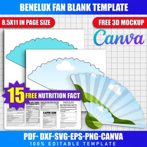 Peut inclure: Un modèle de ventilateur Benelux avec un design de ventilateur et une illustration de paysage. Comprend le texte : "8.5x11 in page size", "Free 3D Mockup", et "Canva". Contient également 15 fiches nutritionnelles gratuites.
