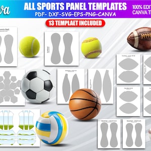 May include: An image showcasing sports panel templates for various ball sports, including tennis, softball, soccer, basketball, volleyball, and baseball. The templates are available in PDF, DXF, SVG, EPS, and PNG formats, with 13 templates included.