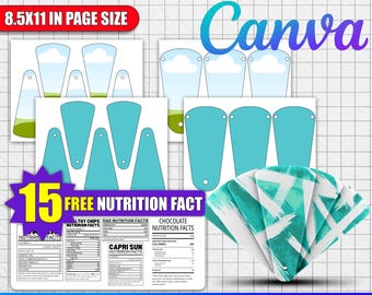 May include: A collection of petal fan templates with the text "PETAL FAN TEMPLATES" and "Canva". The templates include various designs, such as sky and cloud illustrations, and solid teal shapes. The image also features nutrition facts and the text "100% EDITABLE TEMPLATE".