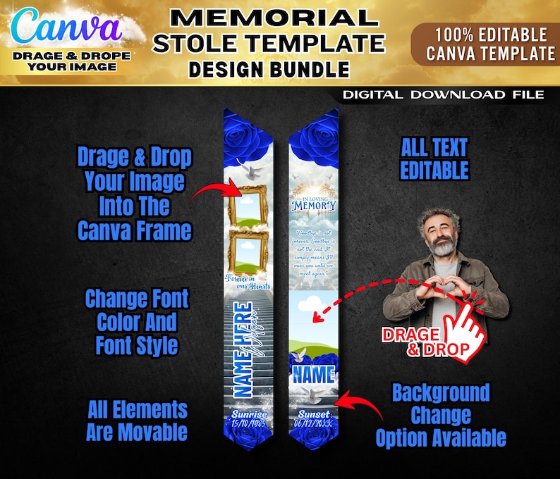 May include: A digital memorial stole template design bundle. The design features blue roses, frames for photos, and customizable text fields. The Canva template allows users to drag and drop images, change fonts, and edit all elements. The design includes the text "In Loving Memory".