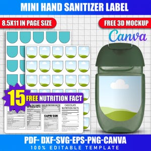 May include: A mockup of a mini hand sanitizer label template. The design includes a green hand sanitizer bottle with a label featuring a sky and grass scene. Also shown are label sheets and nutrition facts. Text includes "MINI HAND SANITIZER LABEL" and "100% EDITABLE TEMPLATE."