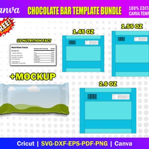 May include: A digital template bundle for chocolate bar designs. The image features mockups of chocolate bar packaging in various sizes, including 41 g, 44 g, and 74 g. Also included is a nutrition facts label and a free mockup. The design is editable in Canva.