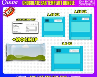 May include: A digital template bundle for chocolate bar designs. The image features mockups of chocolate bar packaging in various sizes, including 1.45 oz, 1.55 oz, and 2.6 oz. Also included is a nutrition facts label and a free mockup. The design is editable in Canva.