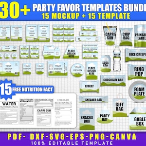 May include: A digital template bundle for party favors, featuring 30+ designs, including mockups and templates for various items like Capri Sun, chocolate bars, and gift bags. Includes nutrition facts and editable elements.