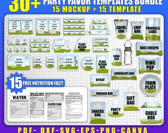 May include: A digital template bundle for party favors, featuring 30+ designs, including mockups and templates for various items like Capri Sun, chocolate bars, and gift bags. Includes nutrition facts and editable elements.