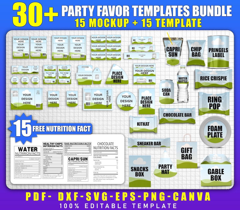 K&ouml;nnte beinhalten: Ein digitales Vorlagenpaket f&uuml;r Partygeschenke mit &uuml;ber 30 Designs, darunter Mockups und Vorlagen f&uuml;r verschiedene Artikel wie Capri Sun, Schokoriegel und Geschenkt&uuml;ten. Enth&auml;lt N&auml;hrwertangaben und editierbare Elemente.