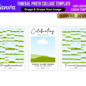 Pu&ograve; includere: Un modello di collage fotografico funebre Canva con tre design. I design includono un collage di foto, una scena paesaggistica con testo e le frasi "Always Remembered" e "Forever Cherished". La dimensione del design &egrave; di 61 cm x 91 cm.