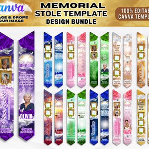 May include: A collection of memorial stole templates with various designs. Each template features space for photos, names, and dates, with floral and celestial backgrounds. The text includes "Memorial Stole Template Design Bundle" and "100% Editable Canva Template."