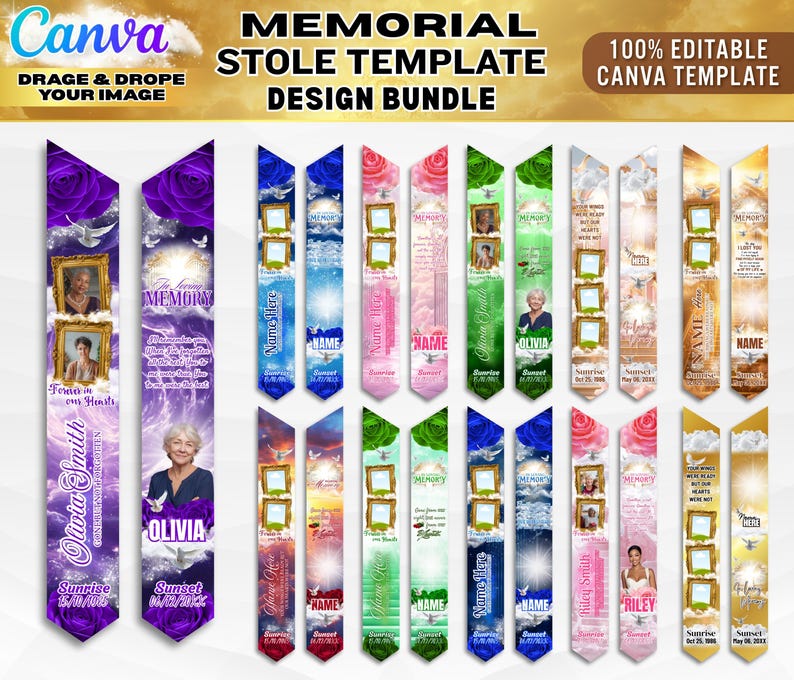 May include: A collection of memorial stole templates with various designs. Each template features space for photos, names, and dates, with floral and celestial backgrounds. The text includes "Memorial Stole Template Design Bundle" and "100% Editable Canva Template."