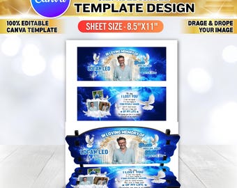May include: A memorial bench template design with the text "Memorial Bench Canva Editable Template Design". The bench design features a blue background with the text "In Loving Memory Of" and the name "Logan Leo". The sheet size is 8.5"x11".