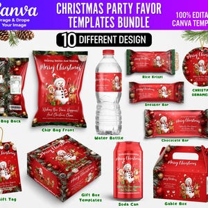 May include: A digital bundle of 10 editable Christmas party favor templates featuring a red theme with a snowman and reindeer graphic. Includes designs for chip bags, water bottles, rice krispie treats, candy bars, ornaments, tags, boxes, and cans.